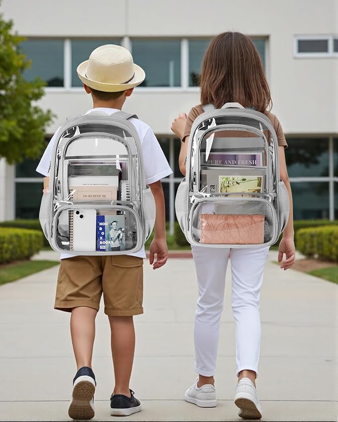 KIMNERPU Clear Backpack, Heavy Duty Transparent Bookbag for School, Fabric & PVC Transparent Backpack with Reinforced Strap for Women Men, Capacity Clear Bag for College, Travel, X-Large Grey