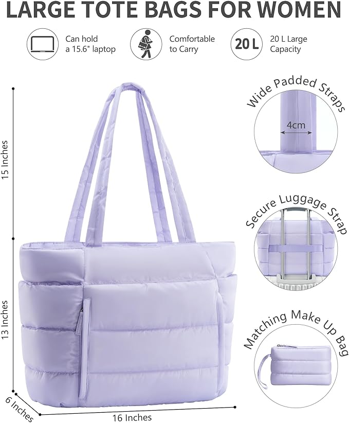 Puffer Tote Bag for Women, Lightweight Puffy Work Handbag Teacher Nurse Quilted Shoulder Bag for School Travel Gym | Quilted, with Zipper, Daily Carry On Bags, Comfy College Bags, 15.6" Laptop Sleeve, Cup Holder Pocket, Portable, Spacious