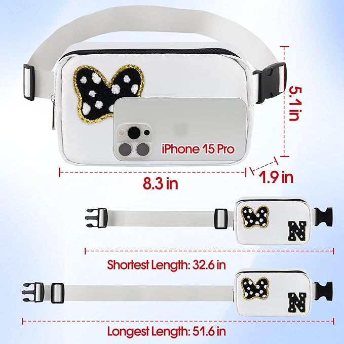 Chenille Initial Letter Bow Mouse Fanny Pack, Waterproof Park Crossbody Bag Christmas Birthday Gifts for Teen Girls Daughter Women Kids Adults, Cute Belt Bag Must Haves for Park Travel (N, White)