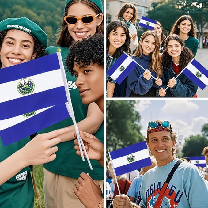 20 Pack Small El Salvador Flags on Stick Mini Handheld Salvadoran Flag for Parades, Independence Day and Patriotic Events 5x8 Inch Durable Weather-Resistant Flags with 12 Inch Sticks(El Salvador)