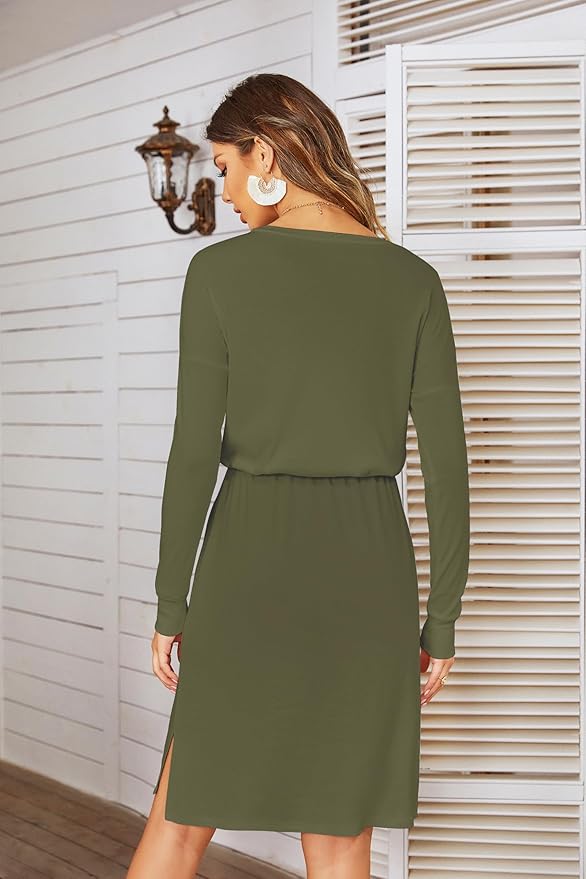Simier Fariry Womens Spring Hide Belly Knee Length Travel Dress Pocket Summer Short Sleeve Midi Work Casual Outfits