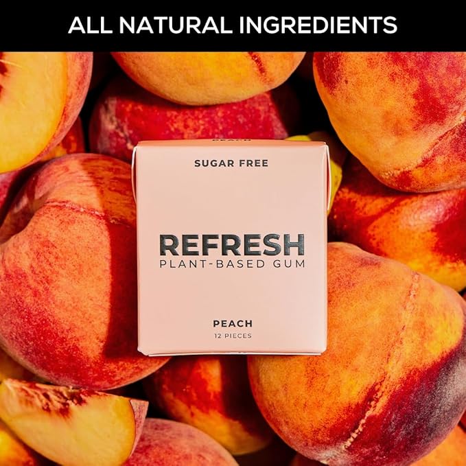Refresh Gum, Sugar Free, Natural, Xylitol, Long Lasting Chewing Gum, Natural Flavors, Organic Ingredients, Plastic Free, Non GMO, Gluten Free, Vegan (12 Count (Pack of 12), Peach)