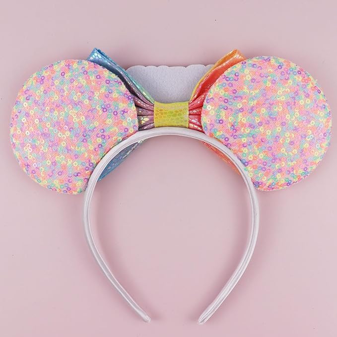 LIHELEI Mouse Ears Headband, Princess Pink Headbands for Women Birthday Party, Sequin Bows Headwear Hair Accessories- Birthday Headband