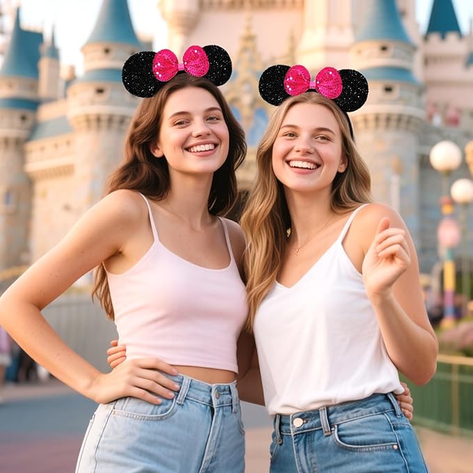 MADO 2 pack mouse ears headbands for adults women little girls boys (sparkle fuchsia, onesize)