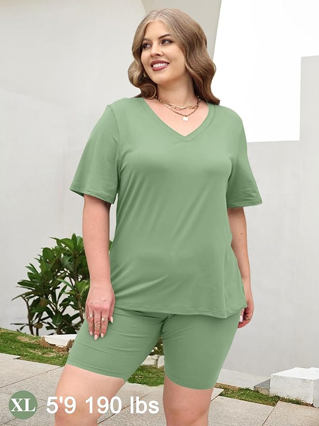 AGSEEM Two Piece Outfits For Women Summer V Neck T-Shirt Tops Biker Shorts Workout Sports Tracksuit