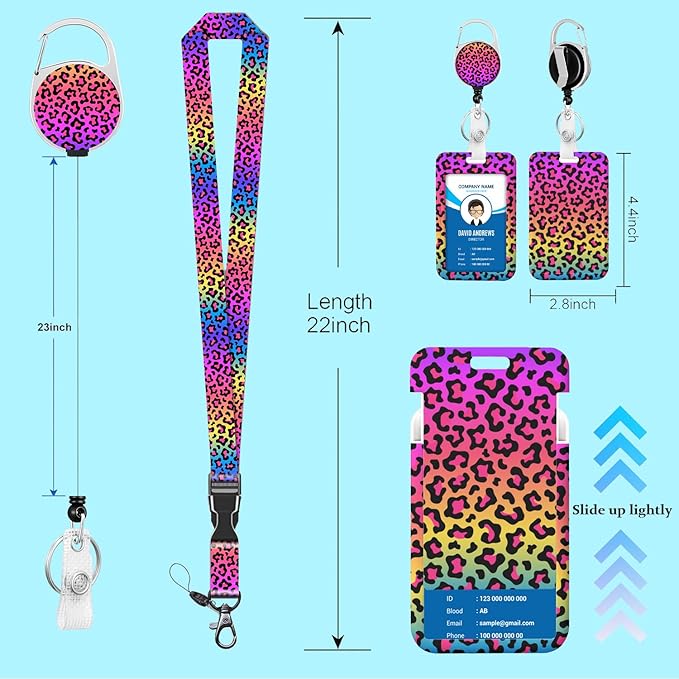 ID Badge Holder with Lanyard, Pink Leopard Print Lanyards for Id Badges, Retractable ID Badge Holder with Detachable Lanyard, Badge Reel Heavy Duty with Carabiner Clip, Nurse Teacher Office