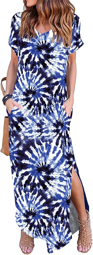 Arolina Women's Summer Maxi Dress Short Sleeve V Neck Casual Loose Long Beach Split Dresses with Pockets