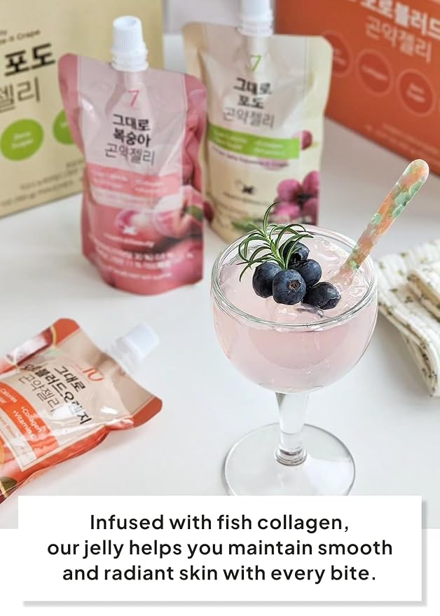 Korean Food Low Calories Squeeze Konjac Jelly, Peach Flavor, Fish Collagen, Vitamin, Zero Sugar, Chewier Texture, Health&Beauty (Net WT 5.07 oz, Pack of 10) 곤약젤리