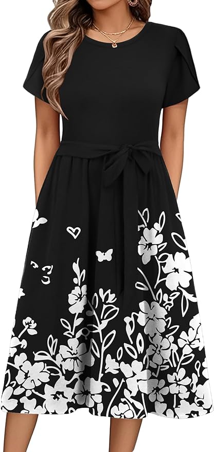 Zeagoo Womens Midi Dress Summer Short Sleeve Dress with Pockets 2025 Casual Floral T-Shirt Dress Flowy Beach Sundress