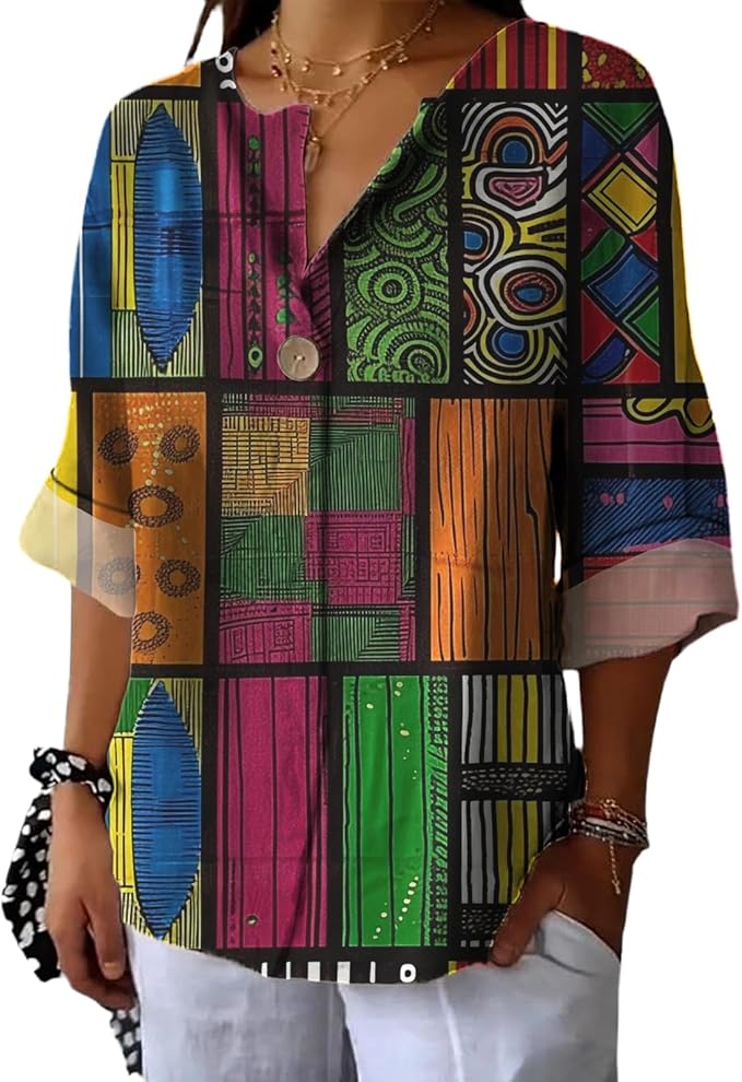 Long Sleeve Shirts for Women V Neck Button Boho Graphic Blouses Casual Collared Fashion Summer Flowing Tops