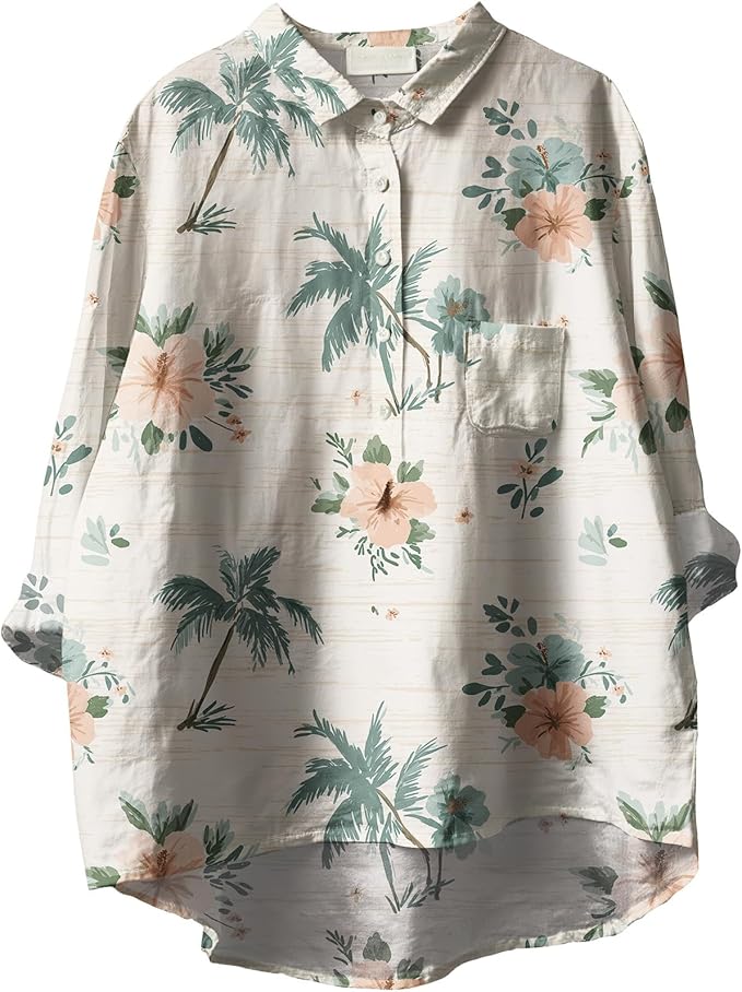 Womens Boho Tops 3/4 Long Sleeve Floral Blouses Hawaii Beach Button Down Shirts V Neck Pullover Casual Tunics