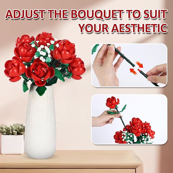 Dexblocks 780 PCS Red Rose Building Flower Bouquet Kit for Adults & Kids, DIY Artificial Flowers Set for Home Decor, Desk Display, Gifts for Women, Girls (Rose)