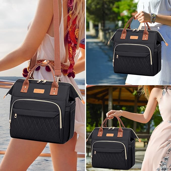 AIJIEKE Lunch Bag for Women, Leakproof & Insulated Work Lunch Box Tote, Reusable Adult Cooler Bag with Water Bottle Side Pocket & Removable Shoulder Strap, Black