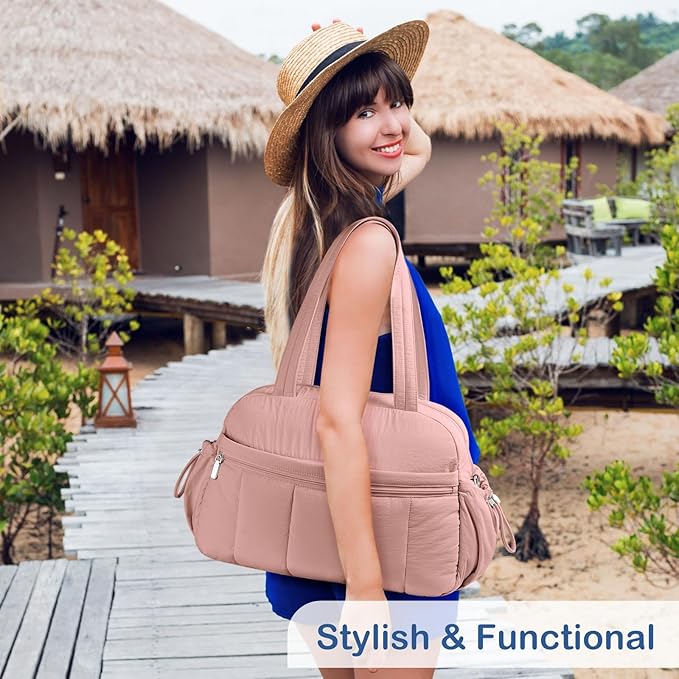 TOPDesign Travel Duffel Bag for Women, Puffer Gym Bag Sports Tote with Wet Pocket, Carry On Weekender with Luggage Sleeve (Dark Pink)