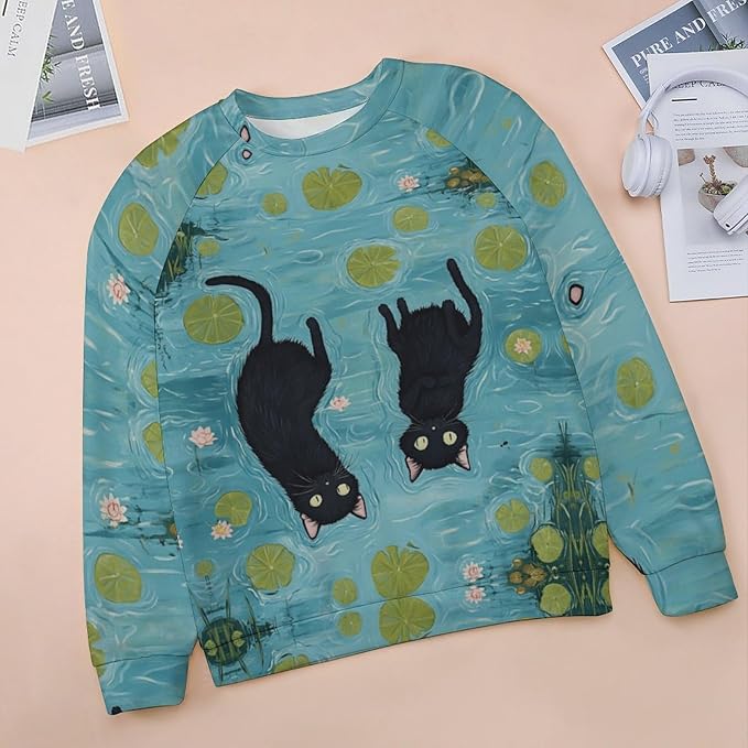 Spatofa Womens novelty funny cat printed crewneck sweatshirt casual loose long sleeve graphic pullover sweatshirts tops