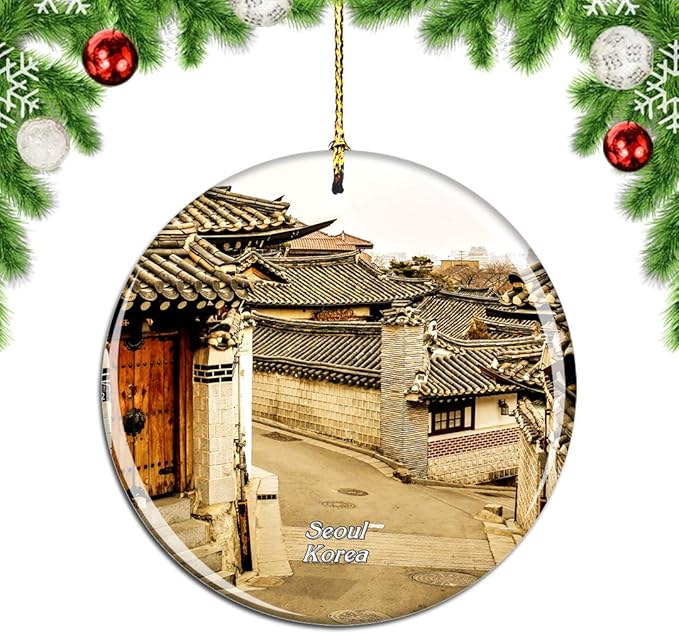 Weekino Bukchon Hanok Village Seoul Korea Christmas Xmas Tree Ornament Decoration Hanging Pendant Decor City Travel Souvenir Collection Double Sided Porcelain 2.85 Inch