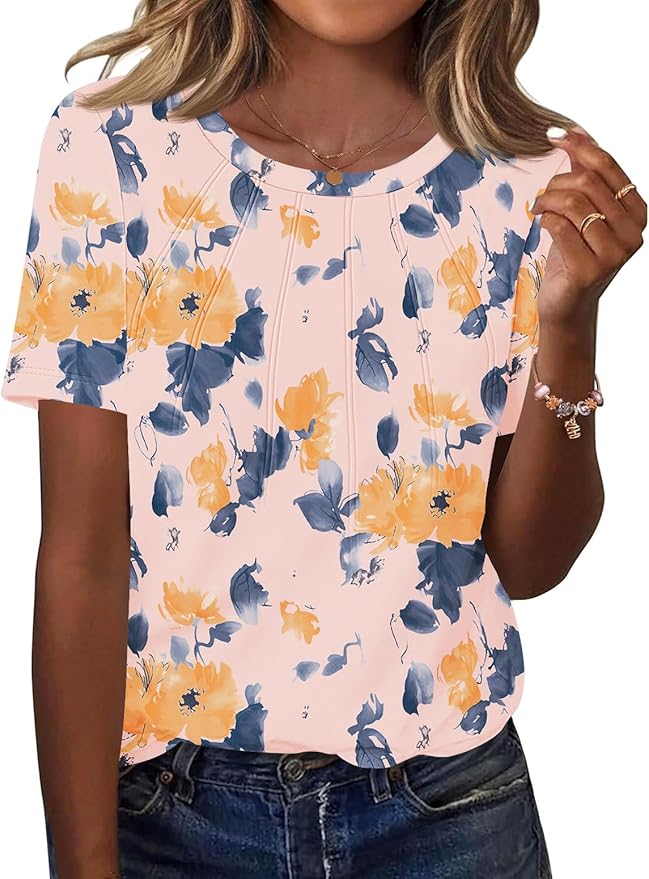 Kistore Womens Casual Crew Neck Short Sleeve Pleated Tops Blouses Fashion Clothes 2026
