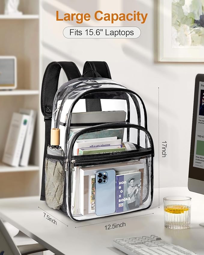 KIMNERPU Clear Backpack, Heavy Duty Transparent Bookbag for School with Reinforced Strap for Women, Men, Capacity Bag for College Clear