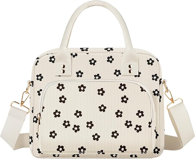 Lunch Bag Large Insulated Lunch Box for Women Men Adult Cute Black Floral Lunchbox Corduroy Lunch Bags Boxes Pail with Shoulder Strap for Work Mom Picnic Office Travel 11.4×6.8×9.1 inches 11.5L