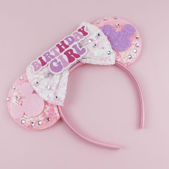 LIHELEI Mouse Ears Headband, Princess Pink Headbands for Women Birthday Party, Sequin Bows Headwear Hair Accessories- BirthdayHeadband