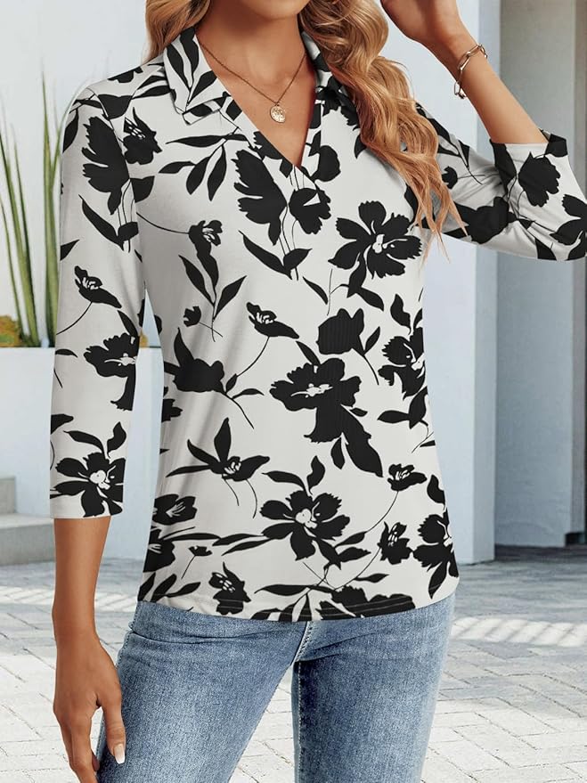 3/4 Length Sleeve Womens Tops Dressy Casual V Neck Polo Shirts Business Work Blouses 2025 Trendy Tunic Top
