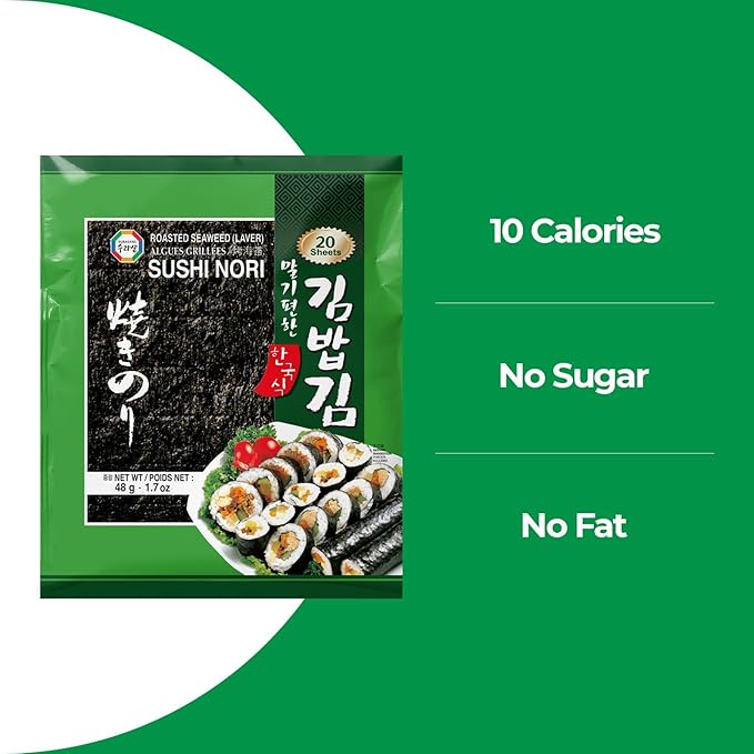 Surasang Premium Nori Sheets for Sushi & Gimbap - Korean Roasted Seaweed Sheets, 20 Full Size Sheets, Pack of 1 - Naturally Salty Sushi Nori with Umami Flavor, 10 Calories, No Sugar