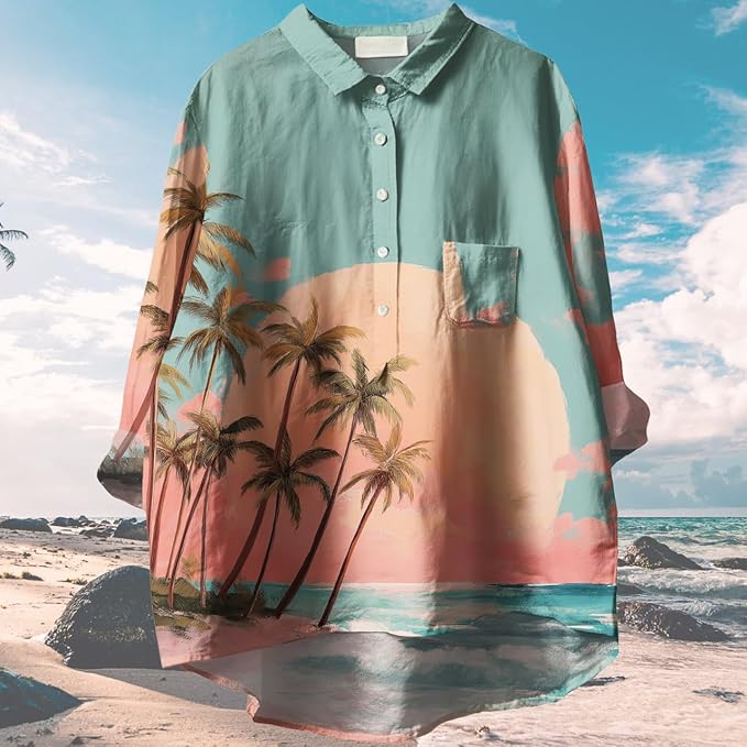 Womens Boho Tops 3/4 Long Sleeve Floral Blouses Hawaii Beach Button Down Shirts V Neck Pullover Casual Tunics