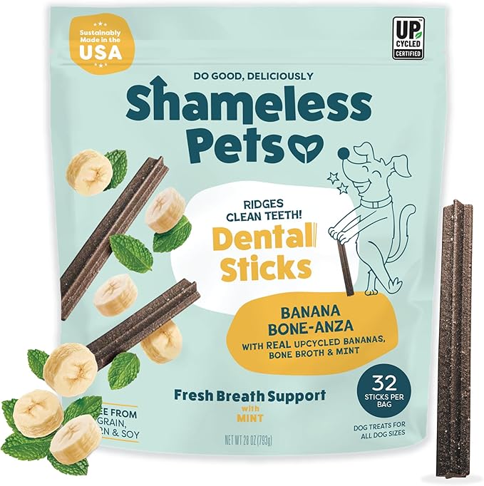 Shameless Pets Bone Broth, Banana, & Mint Dental Chews for Dogs, 32 Chews - Natural Dog Teeth Cleaning Treats with Fresh Breath Benefits | Grain-Free Dental Sticks for Small, Medium & Large Dogs