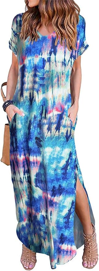Arolina Women's Summer Maxi Dress Short Sleeve V Neck Casual Loose Long Beach Split Dresses with Pockets