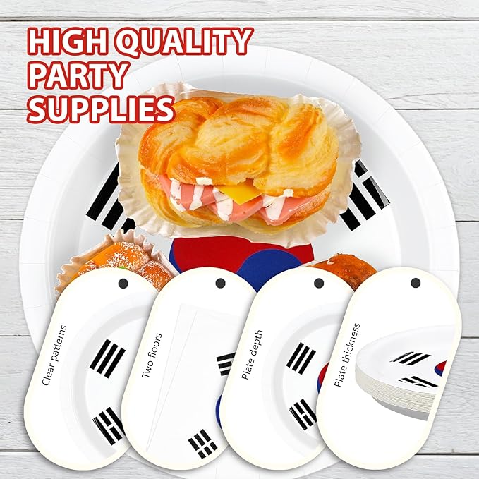 Greencian 96 Pcs South Korea Flag Themed Party Supplies Disposable South Korean Paper Plates and Napkins Korean National Flag Tableware Set for Country Decoration Party Supplies, Serves 24