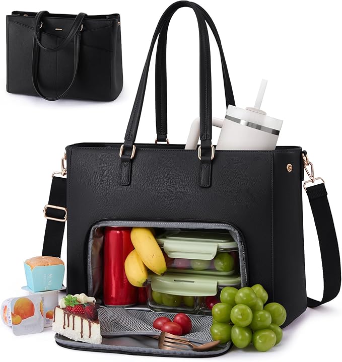 LOVEVOOK Lunch Tote Bag for Women, 3 in 1 Work Bag with Insulated Lunch Compartment, Laptop Bag with Large Cup Holder for Office, College, Casual, Black