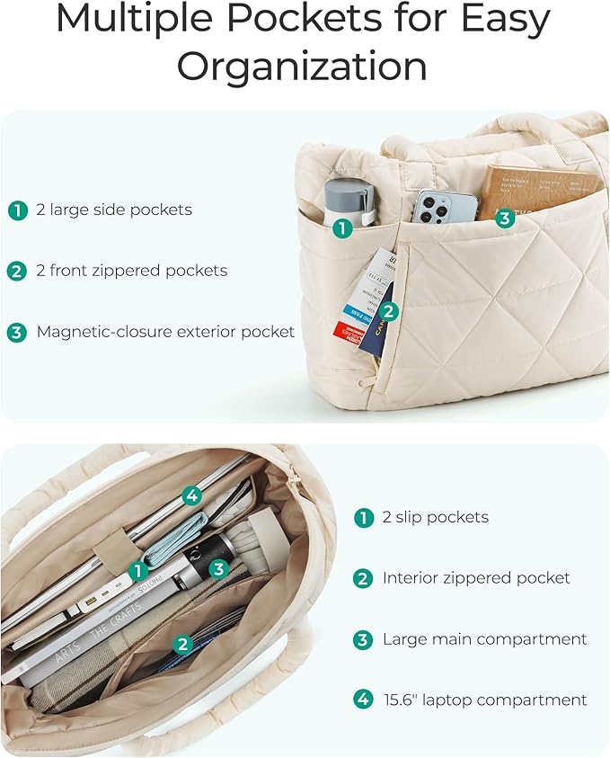 BAGSMART Tote Bag for Women, Puffy Tote Bag with Zipper, Large Quilted Shoulder Bag with Compartments for Travel, Work, Gym