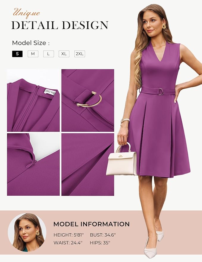 GRACE KARIN Work Dresses for Women 2026 V Neck Fit and Flare Midi Dresses Office Business Dress with Belt and Pockets