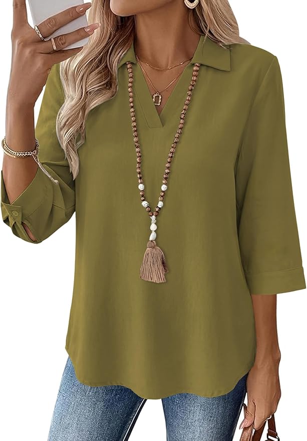 LOMON Womens 3/4 Sleeve Tops V Neck Cotton Linen Work Blouse Polo Shirts for Women Business Casual 2026