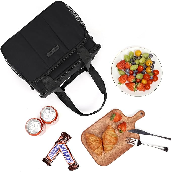 NISHEL Lunch Bag for Women, Insulated Leakproof Cooler Case with Detachable Shoulder Strap & Multiple Pocket, Easy-Clean PEVA Lining, Puffy Design for Work,Black