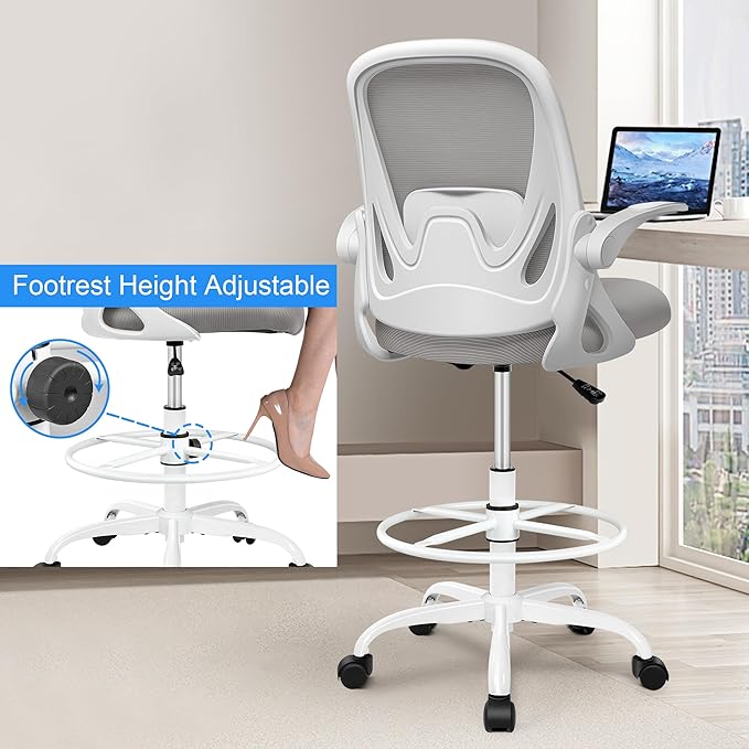 Drafting Chair Tall Office Chair with Flip-up Armrests, Adjustable Height, and Enhanced Lumbar Support - Ergonomic Rolling Stool, Back Support, and Adjustable Foot Rest Ring for Standing Desk Gray