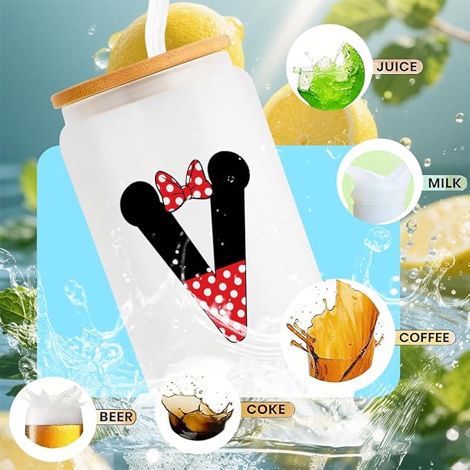 Cute Cartoon Mouse Lover Gifts Initial A-Z Personalized Iced Coffee Cup Magic Mouse Stuff Wizard Gift 16oz Glass Cup with Lid and Straws Birthday Christmas Gifts for Women Teen Girls (Letter V)