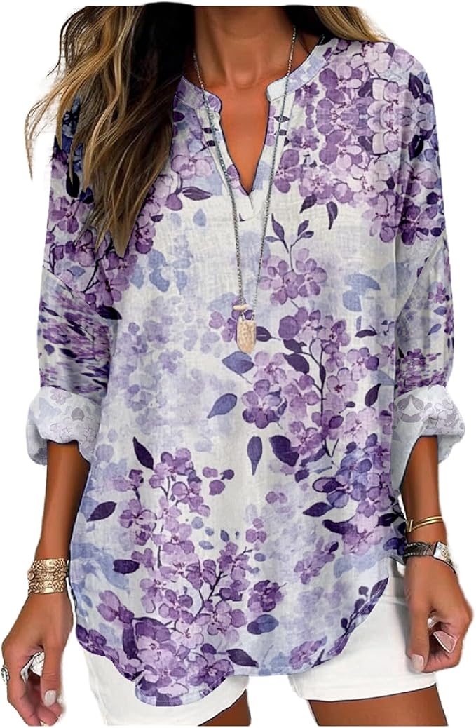 MARSVOVO V Neck Shirt For Women Boho Multi Style Blouse Long Sleeve Novelty Graphic Plus Size Pullover Tops For Women