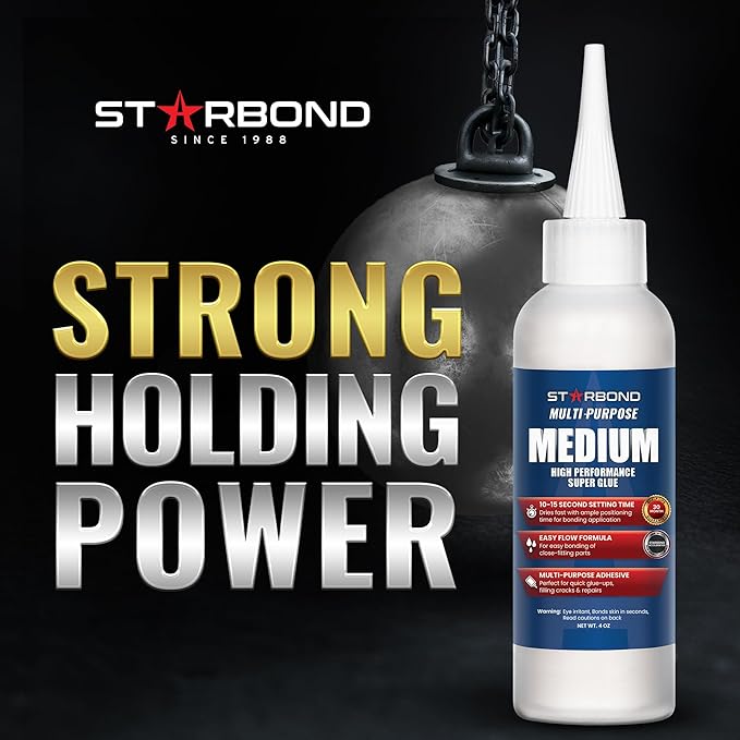 Starbond 4 oz. Medium CA Glue (Premium Cyanoacrylate Super Glue) with Extra Cap and Microtips for Quick Fixes, Woodworking, Woodturning, Hobby Models
