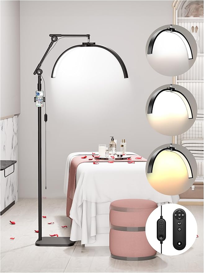 KARITE Half Moon Light for Lash Tech, LED Floor Lamp for Eyelash Extensions with Phone Holder, Adjustable Angle(3 Joints) & Height Desk Lamp for Nail Tch, 3000-6500K for Reading Makeup Tattoo