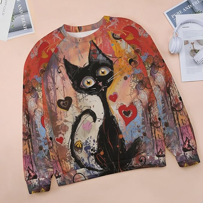 Spatofa Womens novelty funny cat printed crewneck sweatshirt casual loose long sleeve graphic pullover sweatshirts tops
