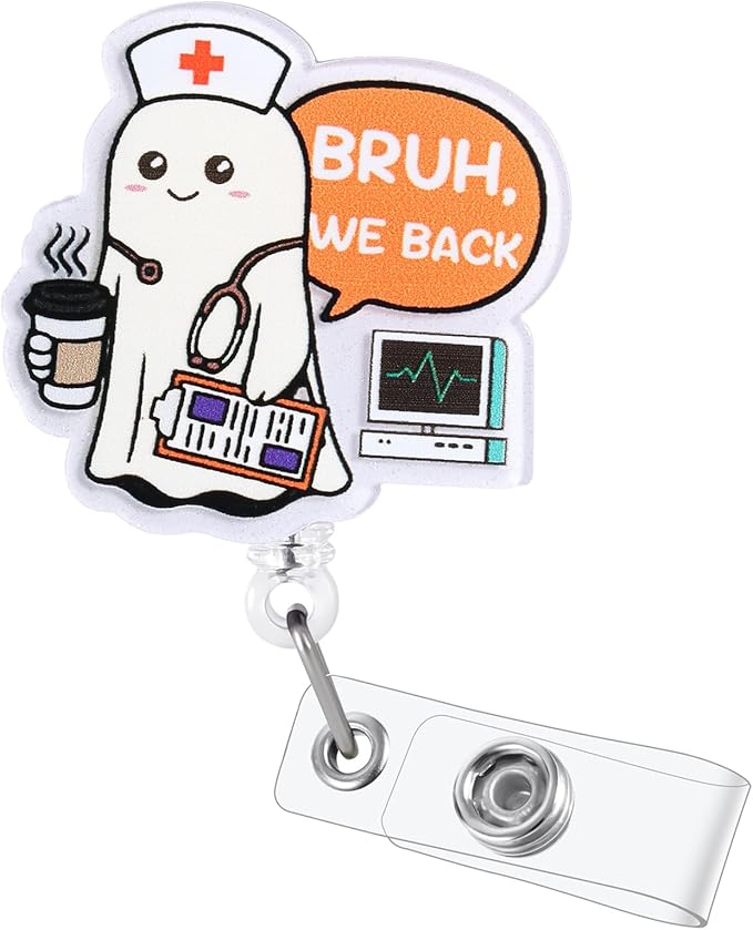 Funny Ghost Nurse Badge Reel | “Bruh We Back” Hospital ID Holder | Cute Spooky Doctor Badge Clip | Christmas Nurse Gifts for Coworkers | Retractable Badge Holder
