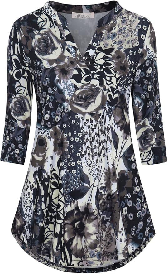 BAISHENGGT 3/4 Sleeve Tops for Women Notch V Neck Floral Work Blouses Dressy Casual Loose Fit Going Out Tunic Tops