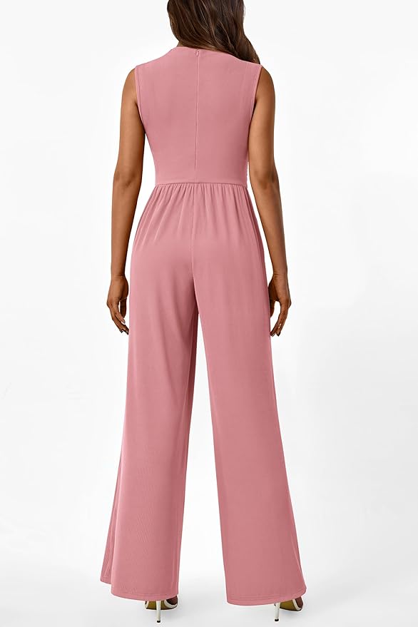 PRETTYGARDEN Womens Summer Jumpsuits Dressy Casual One Piece Outfits Sleeveless Mock Neck Wide Leg Pants Rompers with Pockets
