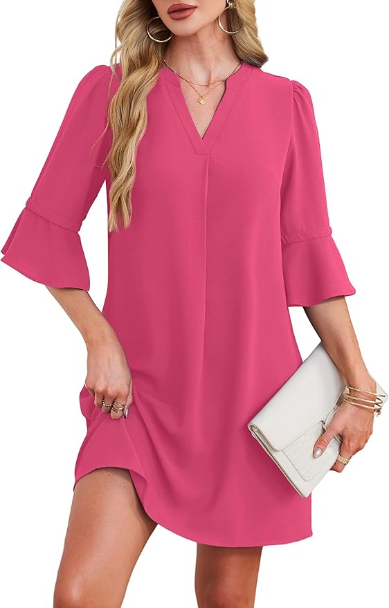 RUMIA Shift Dress for Women V Neck Ruffle Short Sleeve Loose Casual Summer Dress