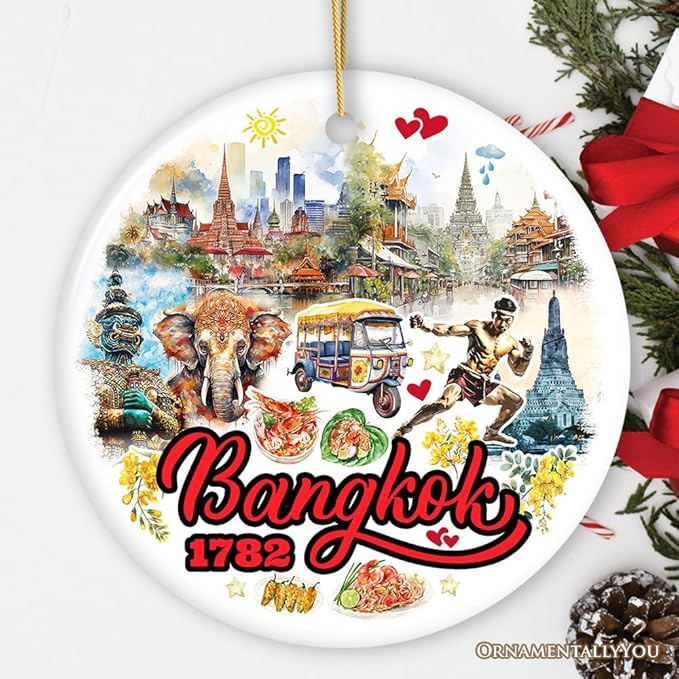 Lively Bangkok City Artistic Ceramic Ornament, Thailand Souvenir and Christmas Decor Keepsake (Circle)