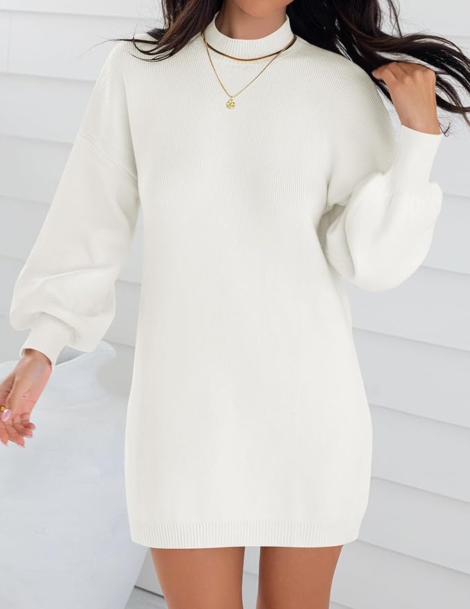 ZESICA Women's 2026 Fall Turtleneck Sweater Dress Oversized Long Lantern Sleeve Casual Knit Pullover Mini Dresses