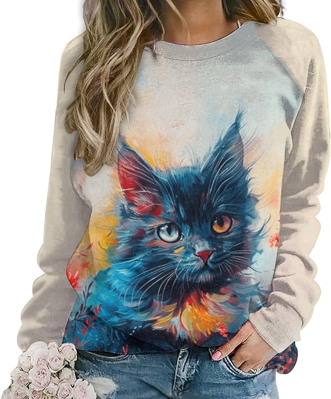 Spatofa Womens novelty funny cat printed crewneck sweatshirt casual loose long sleeve graphic pullover sweatshirts tops