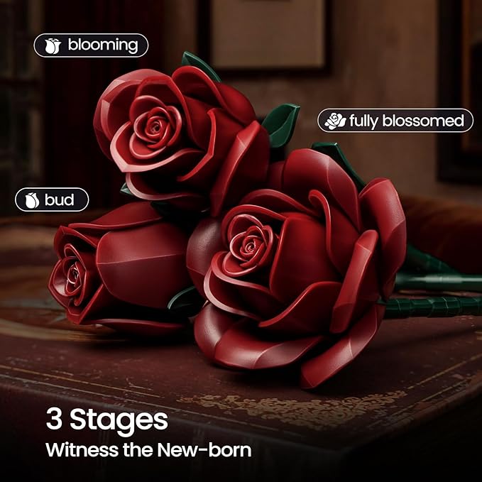iATOM Burgundy Red Rose Bouquet Building Set, 12Pcs Flower Botanical Collection Kit for Adult, Valentine's Day Gift for Her/Girlfriend/Mom/Wife/Couple, Vintage Home Office Table Centerpiece Decor