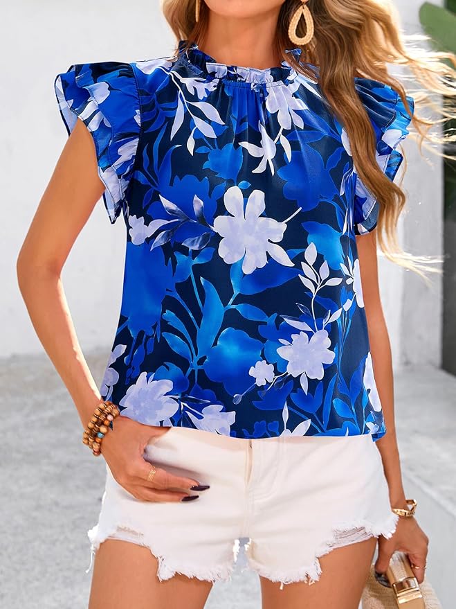 PRETTYGARDEN Women's Ruffle Short Sleeve Summer Tops 2026 Trendy Floral Trim Neck Casual Dressy Chiffon Boho Blouses Shirts